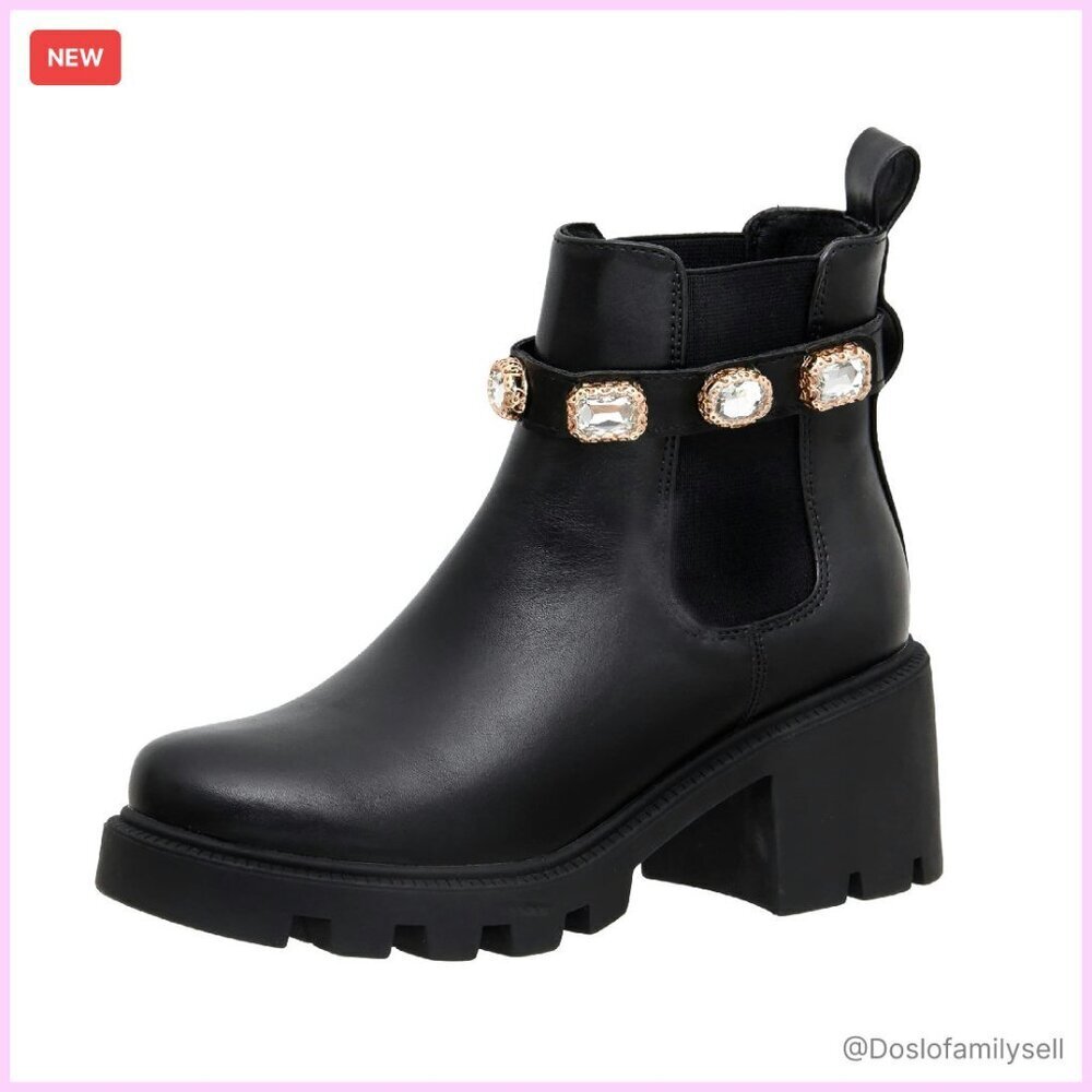 Vegan Leather Chelsea Boots Jeweled Strap Memory Foam Chic Comfort Ankle